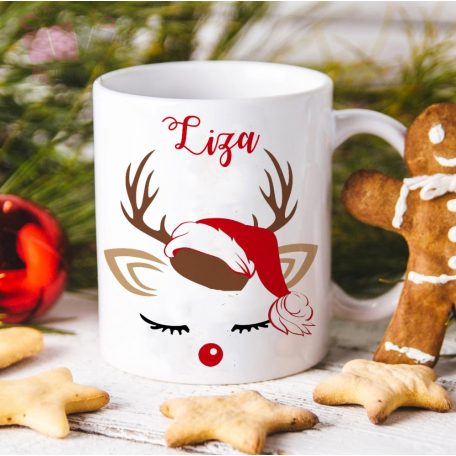 Rénszarvas mintás karácsonyi bögre egyedi neves feliratos christmas bogre mug