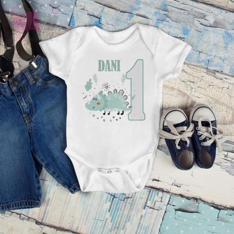 egyedi dinós feliratos éves lettem állat_mintás_body_saját_névvel-adatok fiús trex saurus