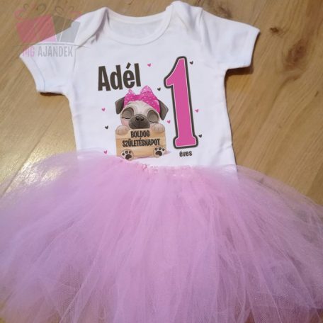 egyedi-neves-születésnapi-kutya-body-szülinap-birthday-egyedi-fotos-ajándék mopsz állat szives pink