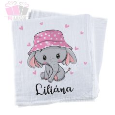 egyedi mintas neves feliratos textilpelenka kifogó baba szuletes born baby elefánt ormány