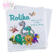 dinoszaurusz mintas feliratos egyedi neves szöveges ajandek textilpelenka szuletes baby born dino