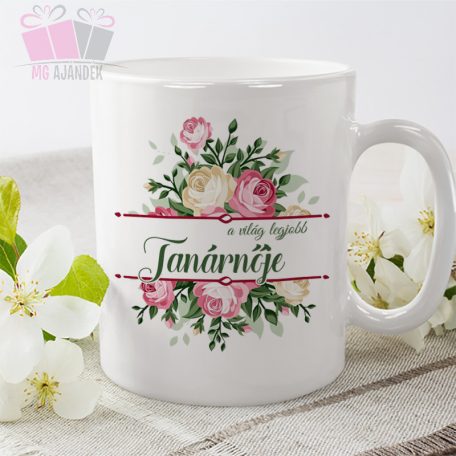 a legjobb tanárnő pedagógus napi ajandek kerámia bögre egyedi neves white mug watercolor virág flowe