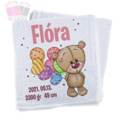 egyedi mintas neves feliratos textilpelenka kifogó baba szuletes born baby bear maci medve lufi 