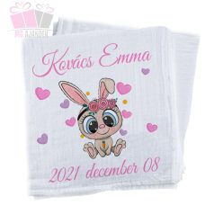 egyedi-neves-pelenka-cuki nyulas kislany szíves allat-feliratos textilpelenka-kifogo