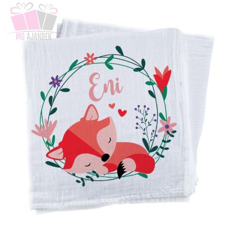 egyedi-neves-pelenka-cuki rókás szíves allat-feliratos textilpelenka-kifogo fox állatos virágos 