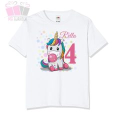 egyedi-neves-feliratos-egyszarvú rágó-mintás-szülinapi-body-gyermek-póló-mese rajzfilm állatos anima