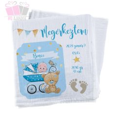 feliratos egyedi textilpelenka kifogó maci medve szurke kek orru blue nose lufi ballon