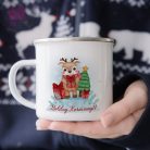 Rénszarvas karácsonyfával, ajándékkal- egyedi feliratos fém retro bögre christmas unnep rudolf neves