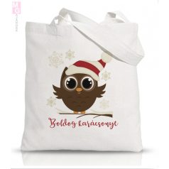 Vászonszatyor-Bagoly mikulássapkában egyedi neves karacsonyi christmas ajandek taska vasarlas