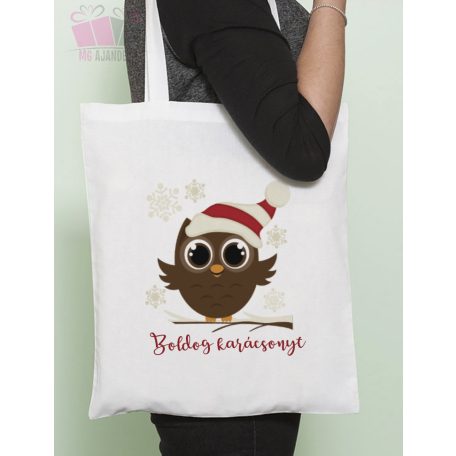 Vászonszatyor-Bagoly mikulássapkában egyedi neves karacsonyi christmas ajandek taska vasarlas