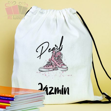 Egyedi neves cipős gyöngyös pink mintás tornazsák csajos ovoda csoport rajzfilm cartoon iskola sport