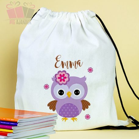 Lila baglyos egyedi neves tornazsák iskola füzetrboritó school sport cuki owl cartoon mese alsos