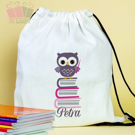 Bagoly könyveken egyedi neves tornazsák iskola füzetrboritó school sport cuki 