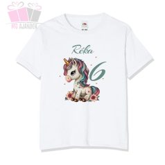 egyedi-neves-feliratos-egyszarvú-mintás-szülinapi-body-gyermek-póló-mese rajzfilm állatos animal birthday tshirt unicorn flower virag szivarvany