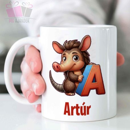 egyedi-neves állatos gyerek kerámia fehér bögre monogramos alphabet animal white mug for kids feliratos ajándék