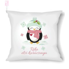 Karácsonyi díszpárna-pingvin hópihével,szöveggel